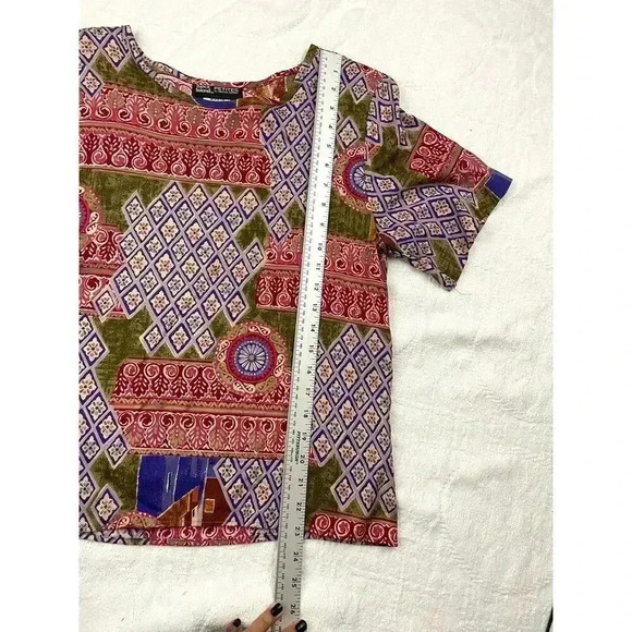 90's Black Island 2 PC Blouse Skirt Set Petite M Retro Pattern Elastic VTG - Picture 10 of 15